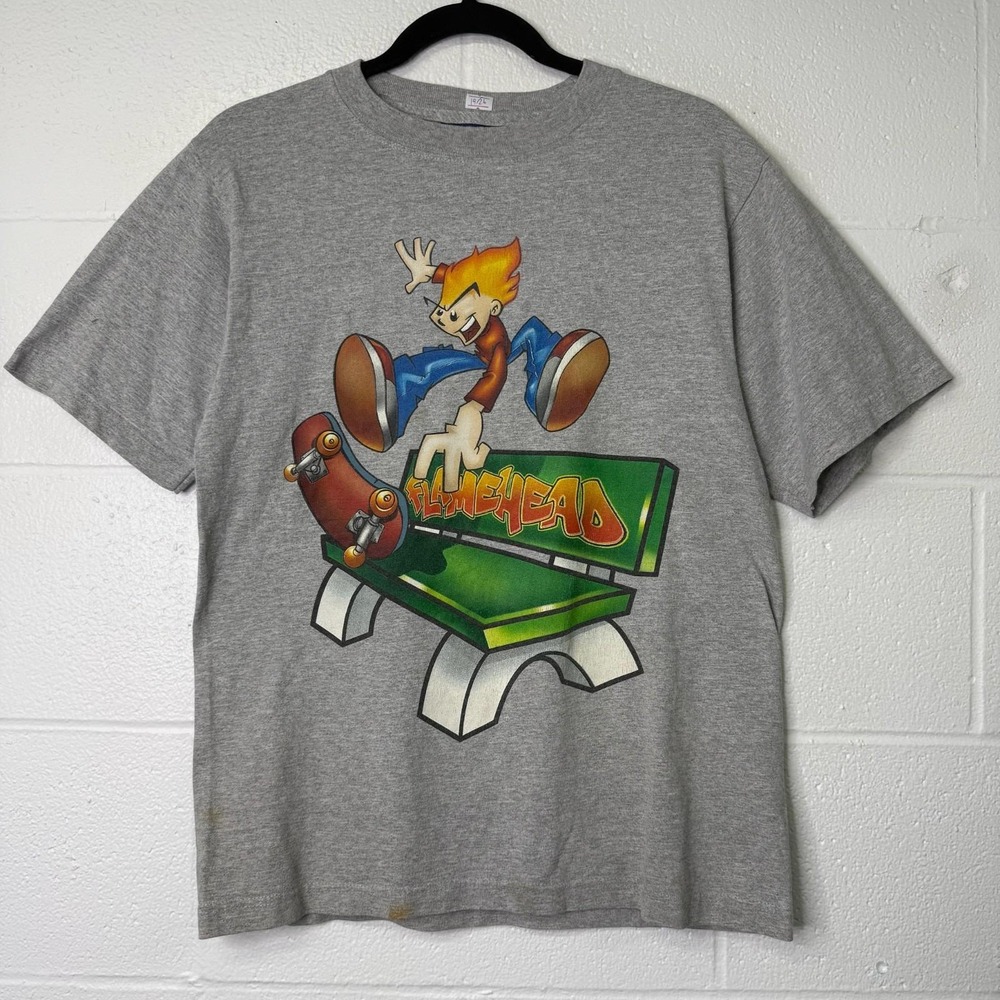Vintage 90s Y2K JNCO Flamehead USA Surf Skate T Shirt Punk Street Grey Sz L